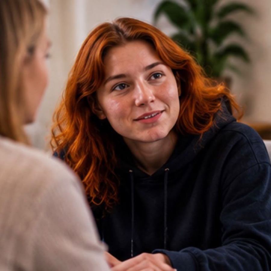 A young person talking with a support worker